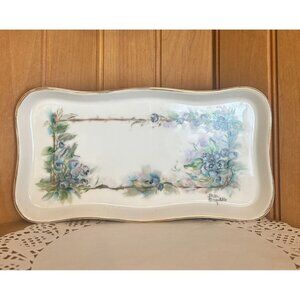 Vintage Hand Painted Porcelain Tray Blueberry Design Gold Trim Artist Signed